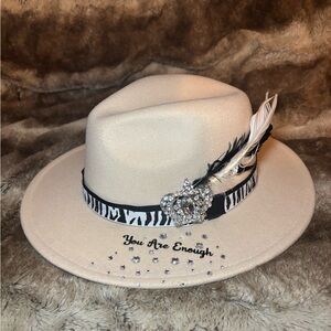 Cream Fedora Hat with Feather and Rhinestone Detail